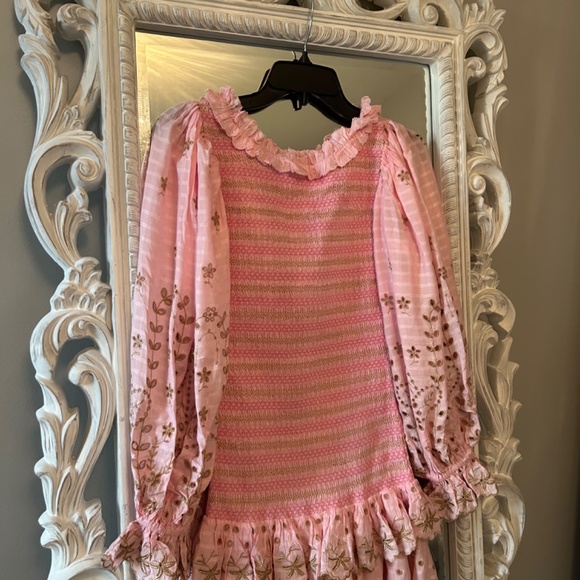 LOVESHACKFANCY CELIA FLORAL~EMBROIDERED LACE EYELET RUCHED MINI BODYCON DRESS - Picture 2 of 2